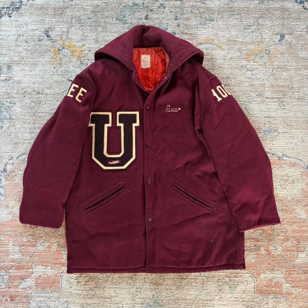 Vintage Art-Flo Union Swimming Varsity Jacket Burgundy Wool Hooded Womens Medium